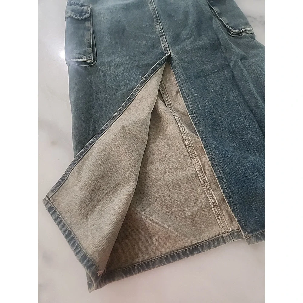 Angel Kiss Cargo Blue Jean Denim Maxi Skirt Y2K Style Back Slit Bungie Size 5/27
